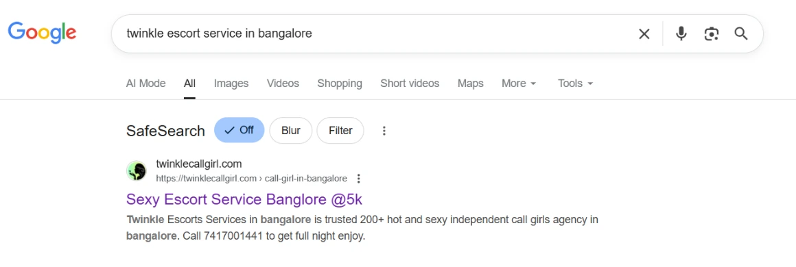 screenshot result keyword type on google 'twinkle escort service in bangalore'