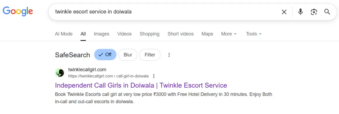 screenshot result keyword type on google 'twinkle escort service in doiwala'