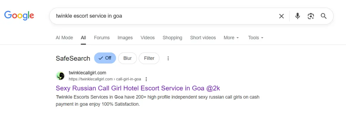 screenshot result keyword type on google 'twinkle escort service in goa'