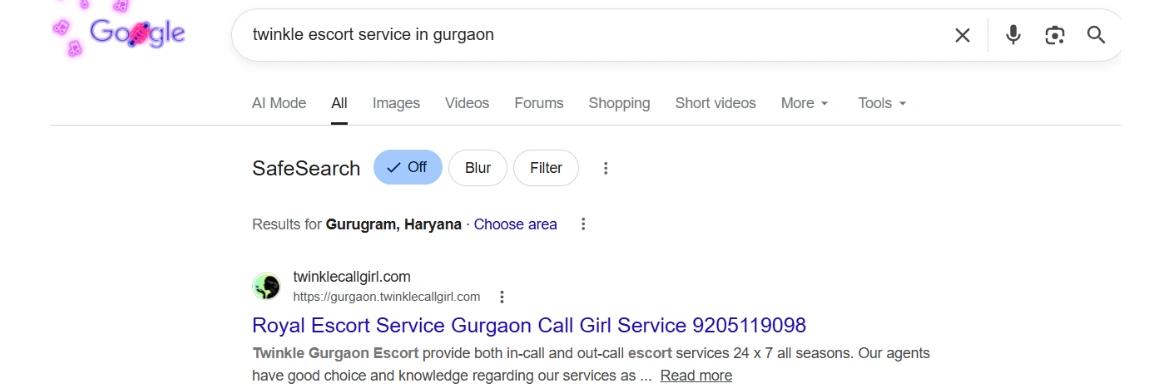 screenshot result keyword type on google 'twinkle escort service in gurgaon'