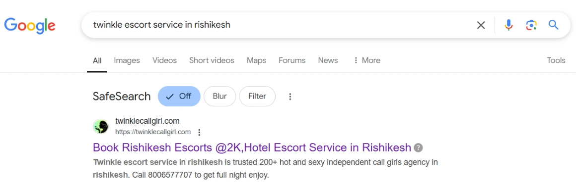 screenshot result keyword type on google 'twinkle escort service in rishikesh'